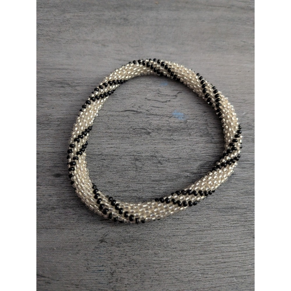 Handmade Beaded Rope Spiral Bracelet Clear Black Seed Bead Roll On Bangle